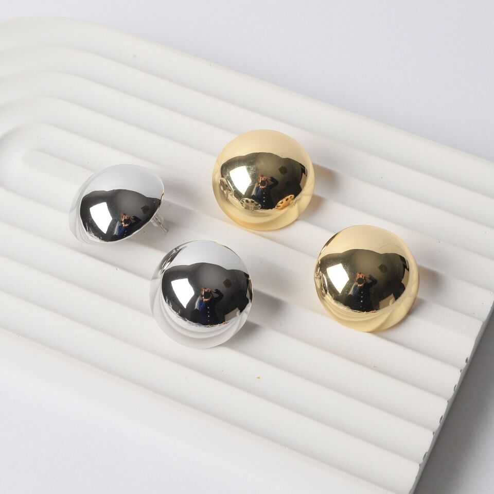 Neesa Özel Seri Yuvarlak Yarım Top Küpe 3 Cm VintageGold Silver