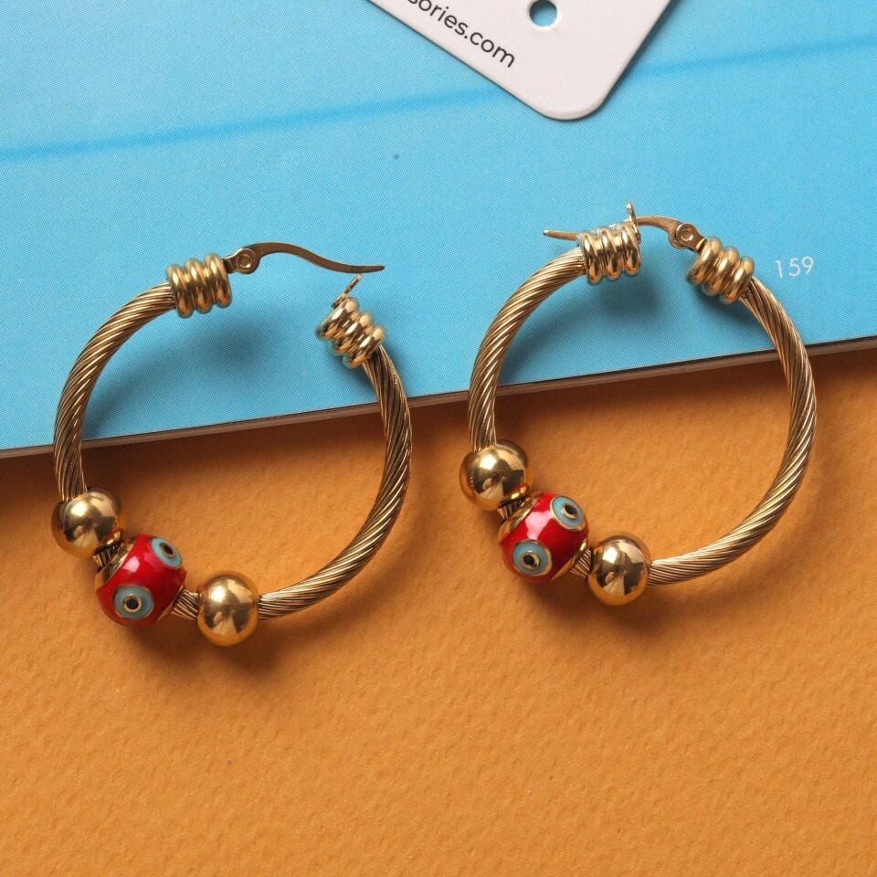 Neesa Çelik Halat Kırmızı Nazar Boncuk Küpe GoldGold