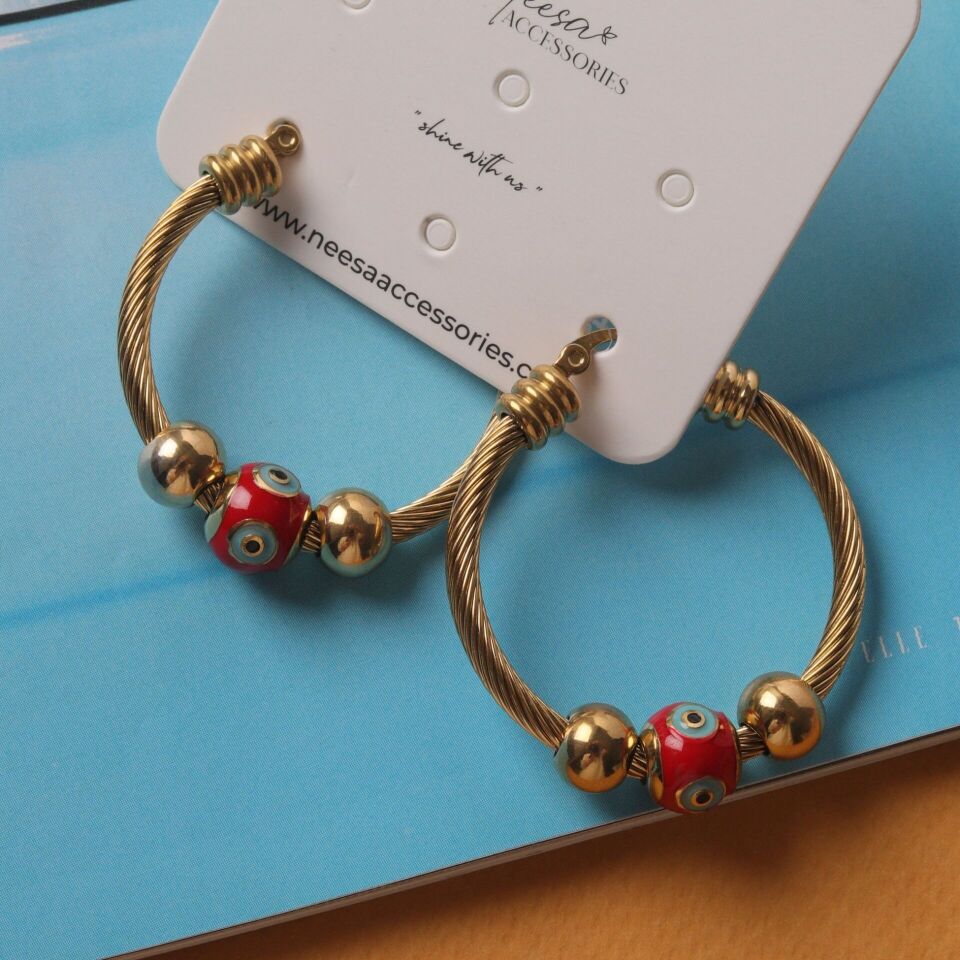 Neesa Çelik Halat Kırmızı Nazar Boncuk Küpe GoldGold