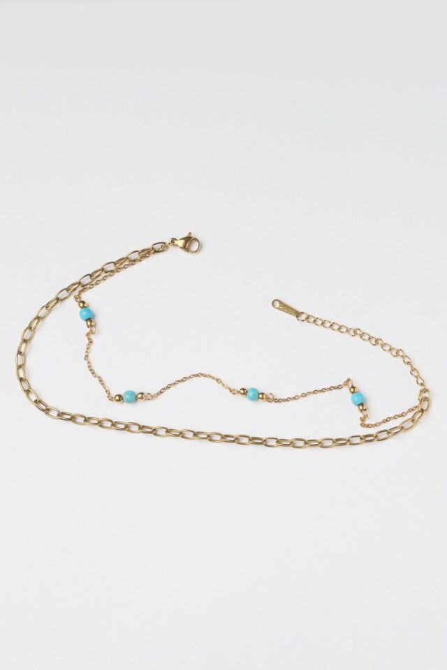 Neesa Çelik Çift Zincir Mavi Mineli HalhalSilver Gold