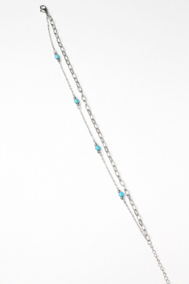 Neesa Çelik Çift Zincir Mavi Mineli HalhalSilver Gold