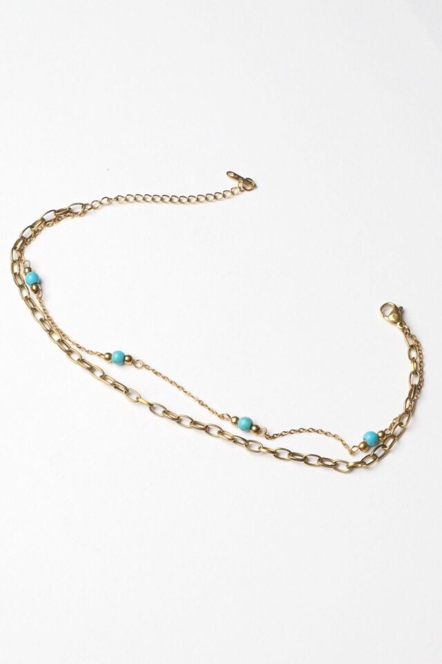 Neesa Çelik Çift Zincir Mavi Mineli HalhalSilver Gold