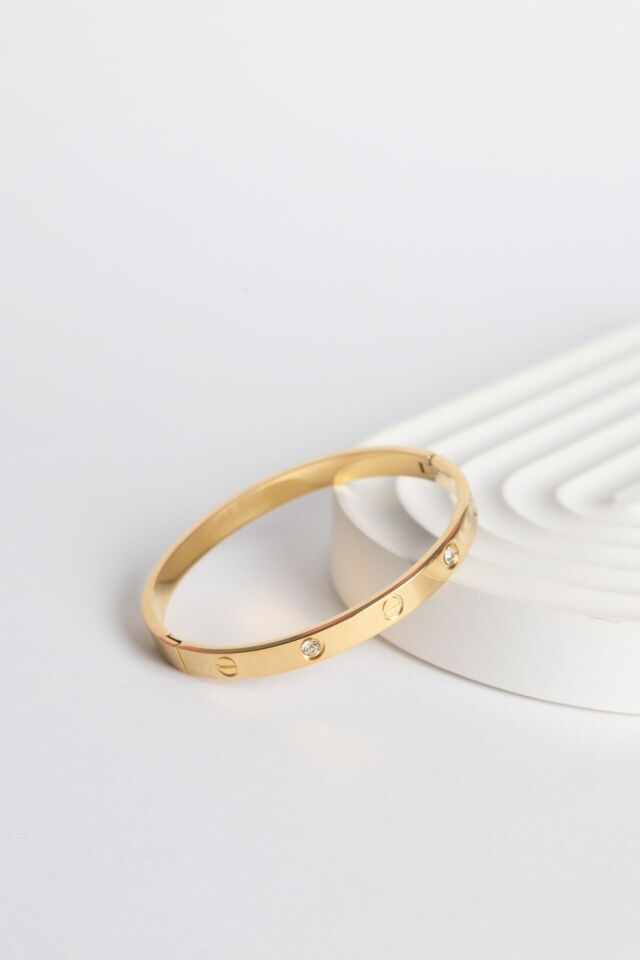 Neesa Çelik Marka Model Zirkon Taşlı Kelepçe BileklikGold Gold