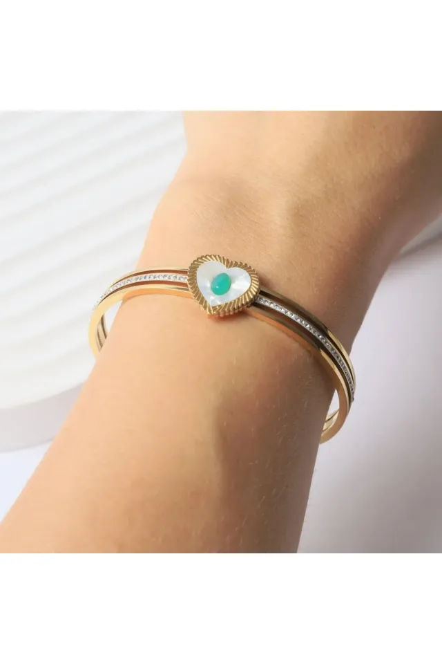 Çelik Zirkon Taşlı Kalp Kelepçe Bileklik