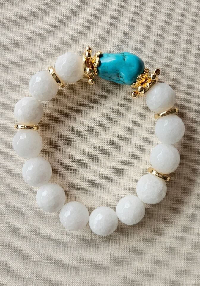 Neesa El İşçiliği Doğal Taş Beyaz Turkuaz Bileklik