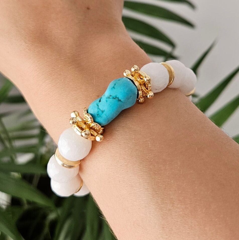 Neesa El İşçiliği Doğal Taş Beyaz Turkuaz Bileklik