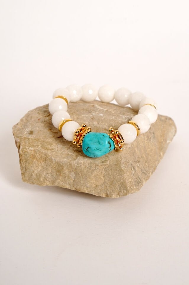Neesa El İşçiliği Doğal Taş Beyaz Turkuaz Bileklik