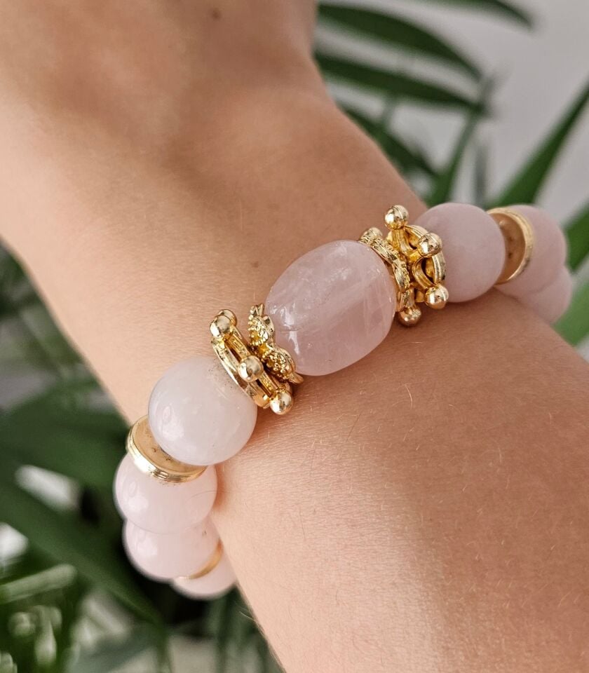 Neesa El İşçiliği Doğal Taş Pembe Kuvars Bileklik