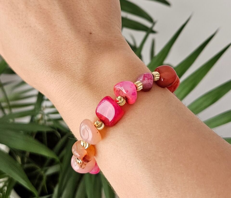 Neesa El İşçiliği Doğal Akik Taşı Kırmızı Bileklik