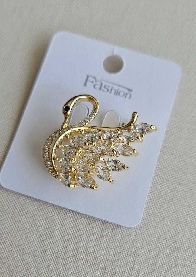 Neesa Kuğu Model Taşlı Gold Broş