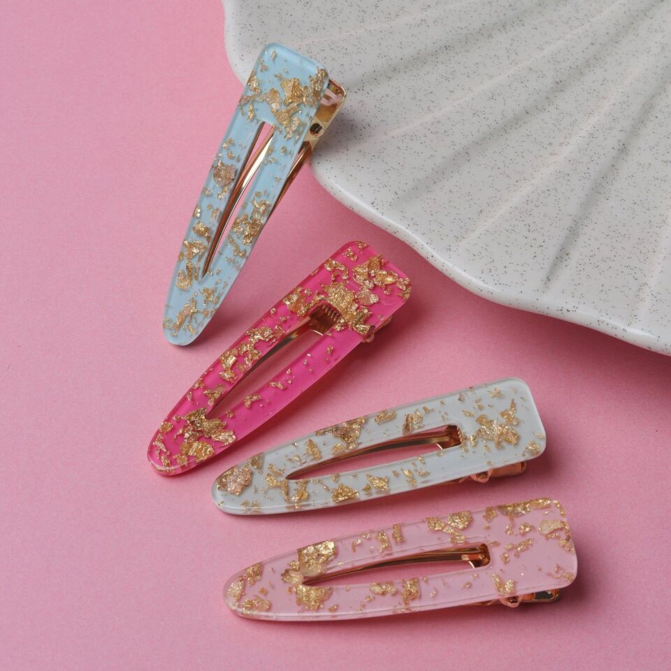 Neesa Altın Varaklı Akrilik Pens Toka  Fuşya