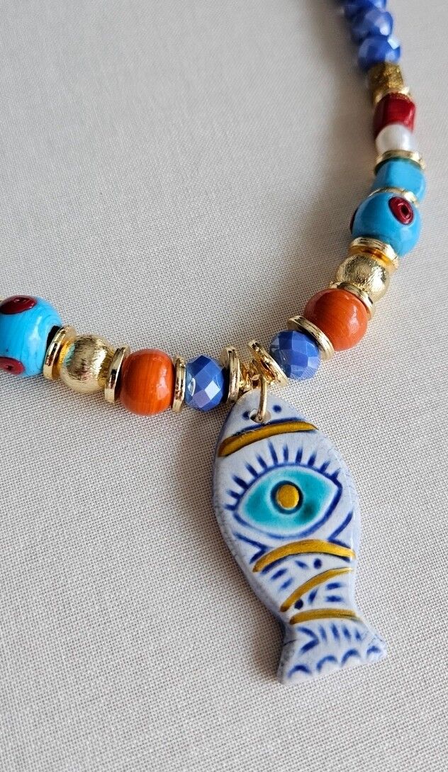 Neesa El İşçiliği Doğal Taş Balık Kolye