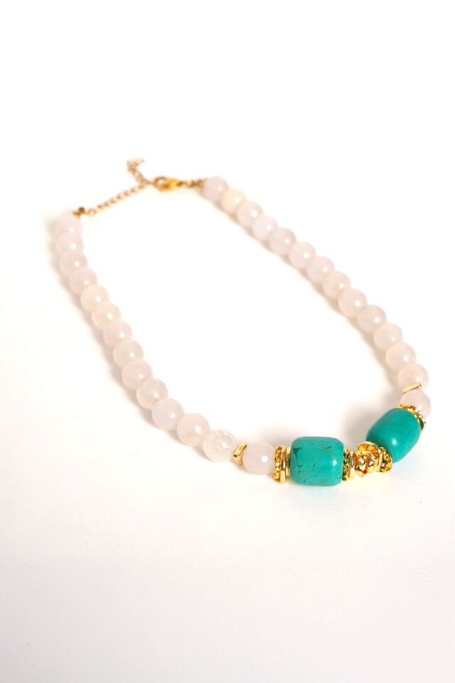 Neesa El İşçiliği Doğal Taş Turkuaz Gold Kolye