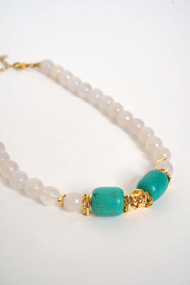 Neesa El İşçiliği Doğal Taş Turkuaz Gold Kolye