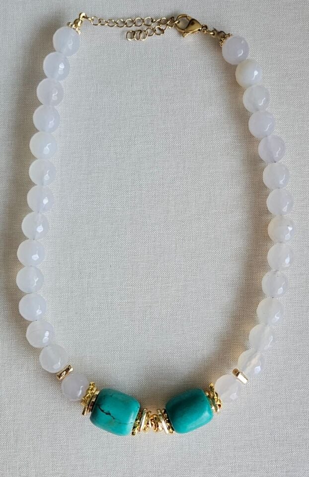 Neesa El İşçiliği Doğal Taş Turkuaz Gold Kolye