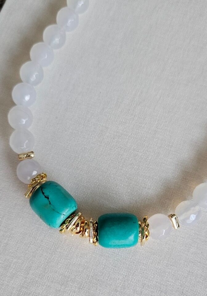 Neesa El İşçiliği Doğal Taş Turkuaz Gold Kolye