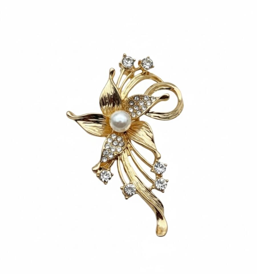 Neesa İnci ve Gold Taşlı Çiçek Broş
