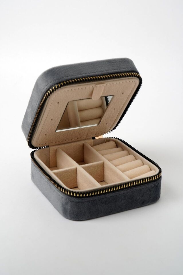 Neesa Aynalı Kadife Takı Çantası 10x10x5cmGri