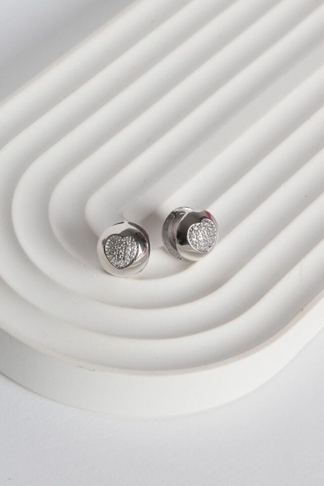 Neesa Çelik Top Küpe Zirkon Kalp DesenliSilver