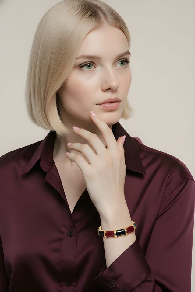 Neesa Marka Model Kalın Kelepçe Bileklik Bordo SiyahGold