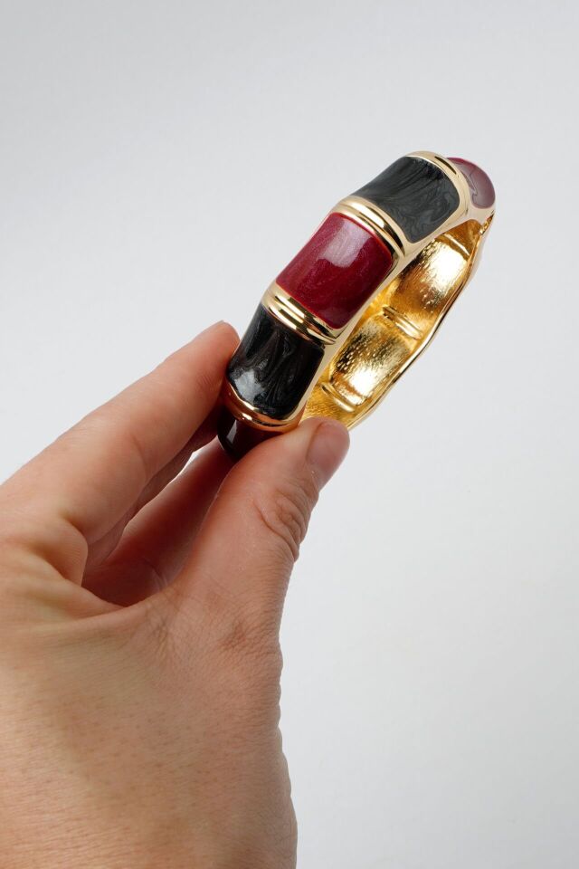 Neesa Marka Model Kalın Kelepçe Bileklik Bordo SiyahGold