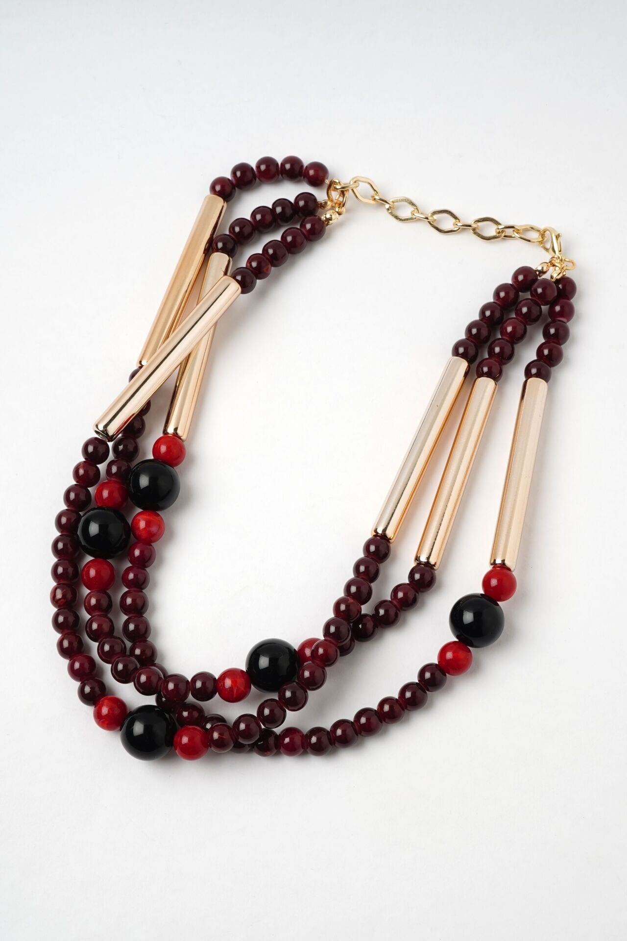 Neesa Çoklu Gold Borulu Boncuk Kolye BordoGold