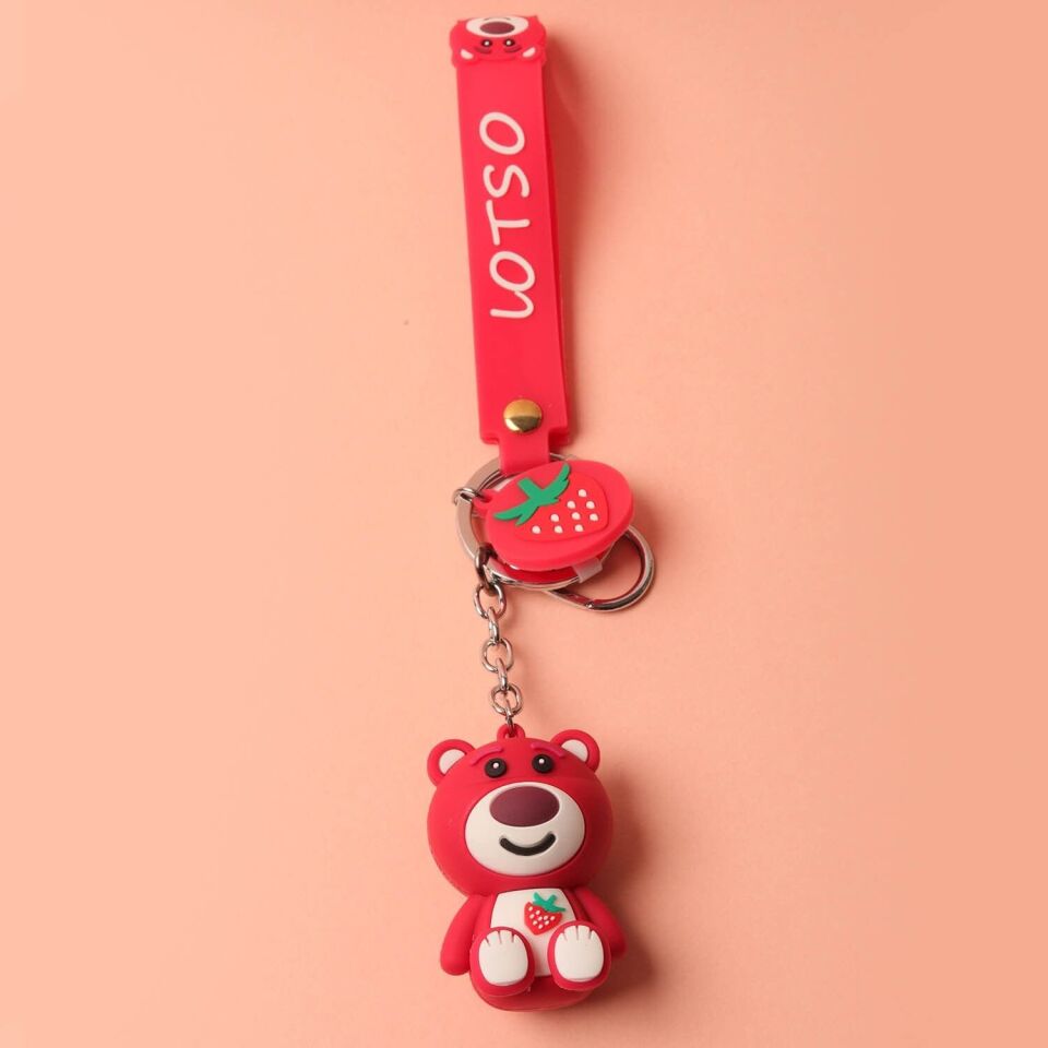 Neesa Sevimli Teddy Ayıcık Çilek Detaylı Silikon Anahtarlık ve Çanta AksesuarıPembe Kırmızı