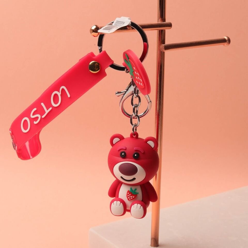 Neesa Sevimli Teddy Ayıcık Çilek Detaylı Silikon Anahtarlık ve Çanta AksesuarıPembe Kırmızı
