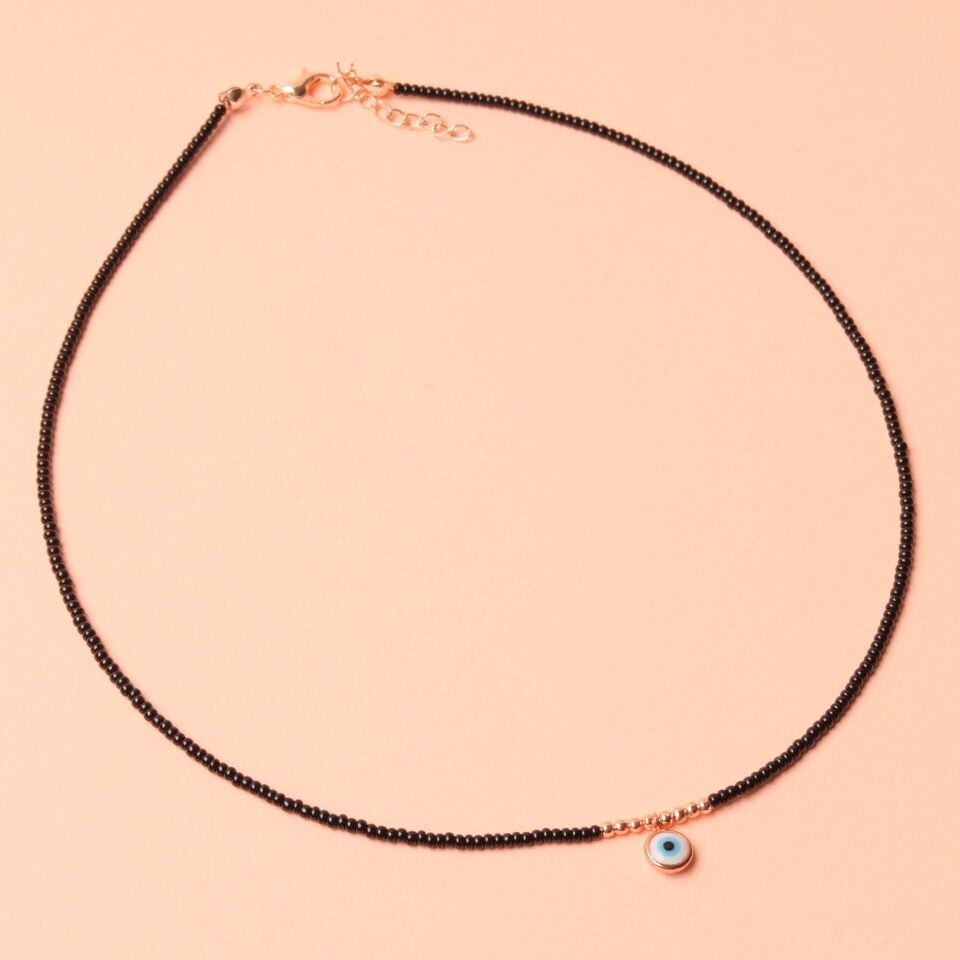 Nazar Boncuklu Renkli Kolye İnceSiyah