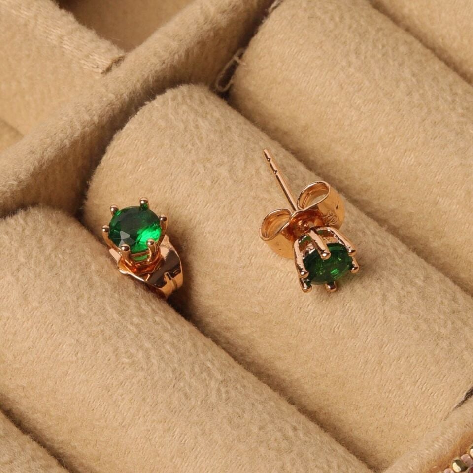 VIP Gold Tek Taş Küpe Yeşil