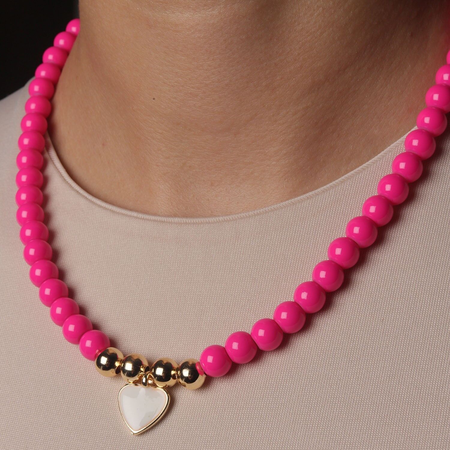 Neesa Cam Boncuk Gold Kalp Kolye 40+5 cm Pembe