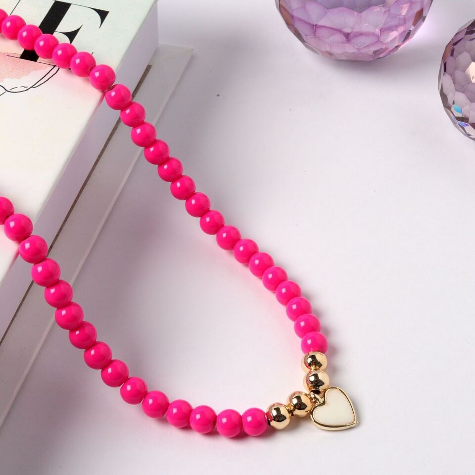 Neesa Cam Boncuk Gold Kalp Kolye 40+5 cm Pembe