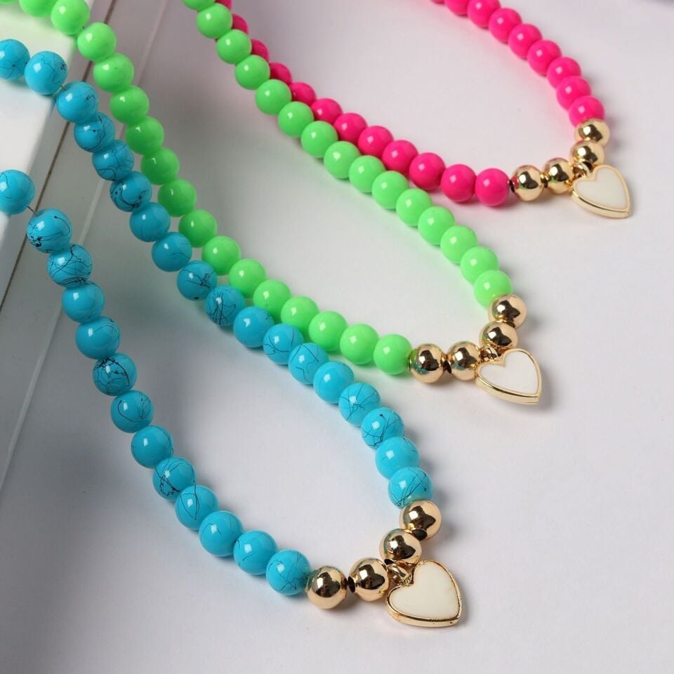 Neesa Cam Boncuk Gold Kalp Kolye 40+5 cm Pembe