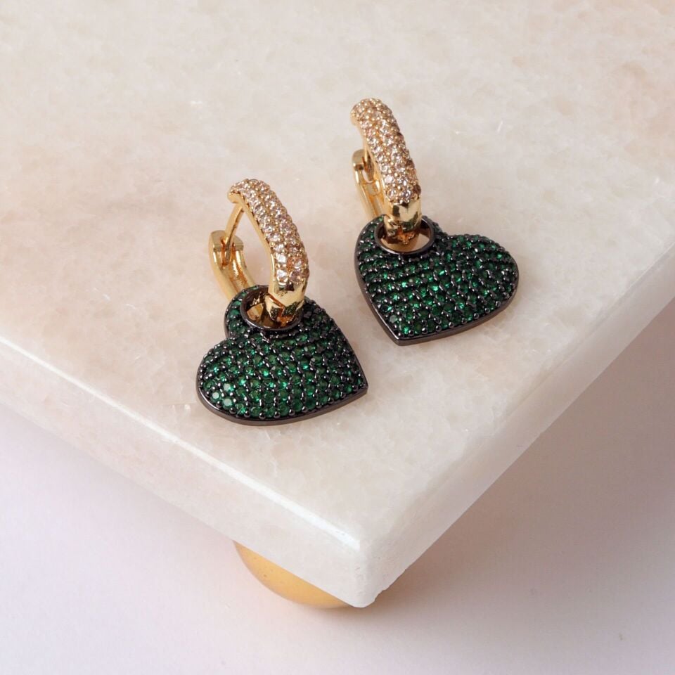 Neesa Özel Seri Zirkon Kalp Küpe RenkliYeşil