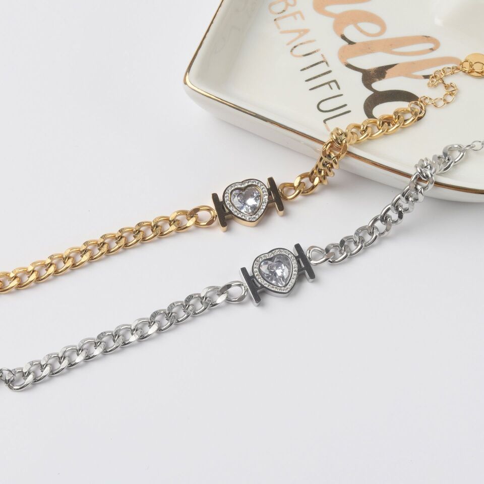 Neesa Çelik Zirkon Kalp Zincir Bileklik 16+5cmGold