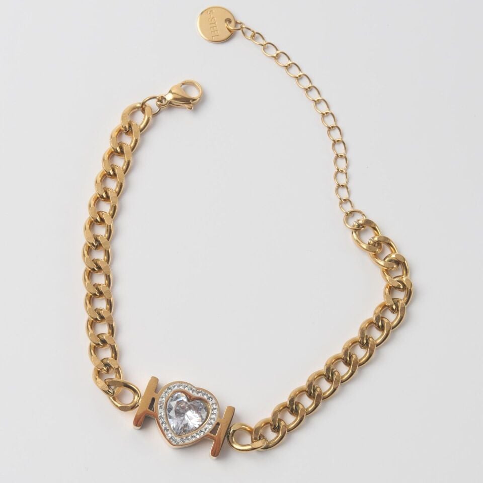 Neesa Çelik Zirkon Kalp Zincir Bileklik 16+5cmGold