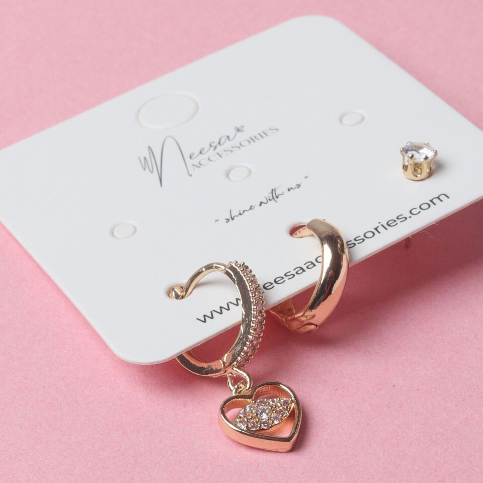 Neesa 3'lü Set Küpe ''Kalp-Halka-TekTaş'' Gold