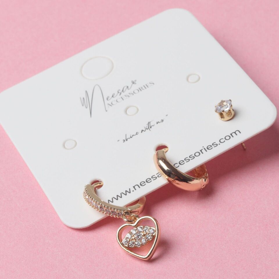 Neesa 3'lü Set Küpe ''Kalp-Halka-TekTaş'' Gold