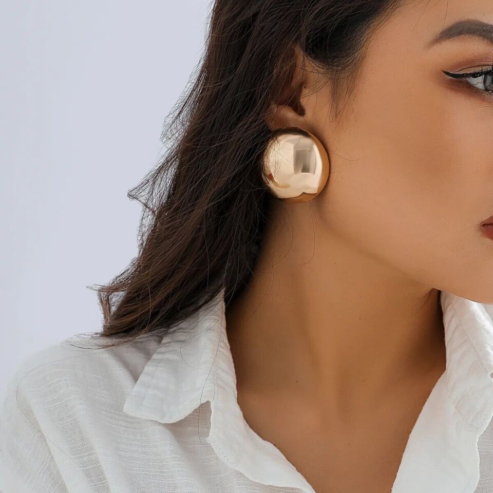 Neesa Özel Seri Yuvarlak Yarım Top Küpe 3 Cm VintageGold