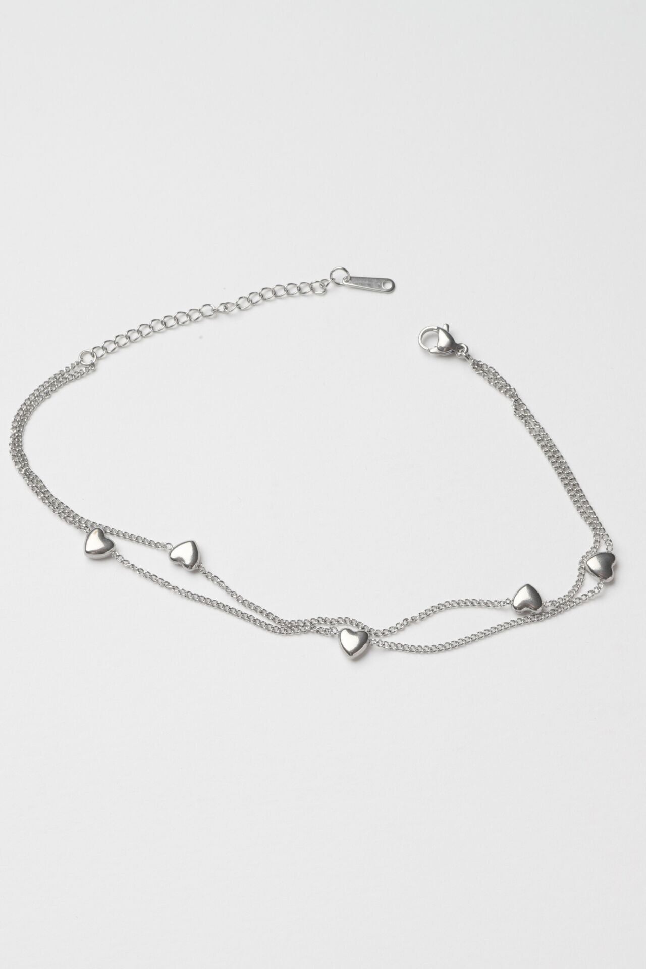 Neesa Çelik Çoklu Zincir Kalpli  Halhal Silver