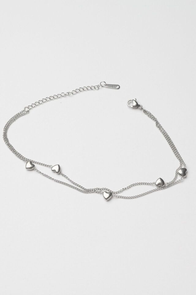 Neesa Çelik Çoklu Zincir Kalpli  Halhal Silver