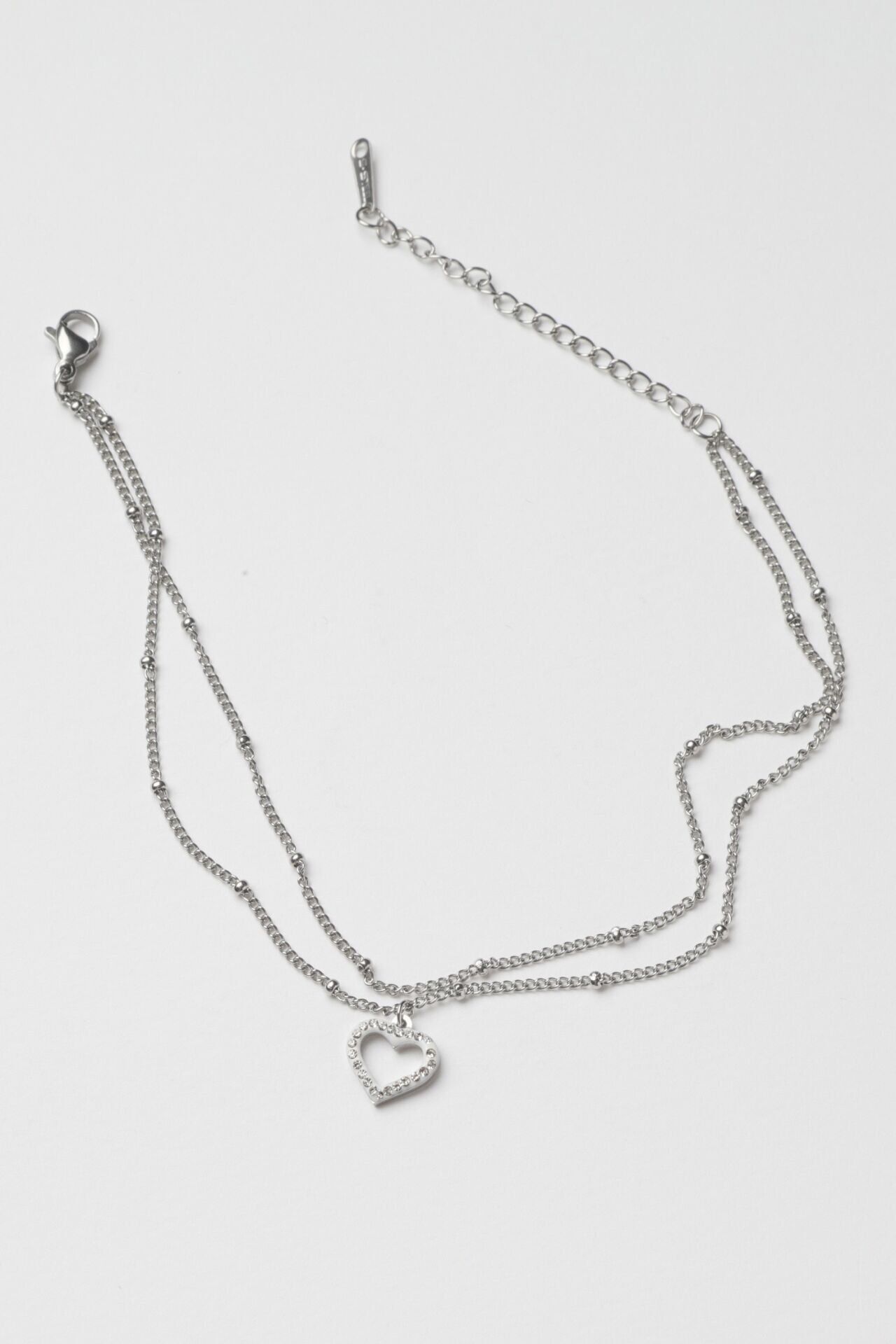 Neesa Çelik Çoklu Zincir Zirkon Taşlı Kalp  Halhal Silver