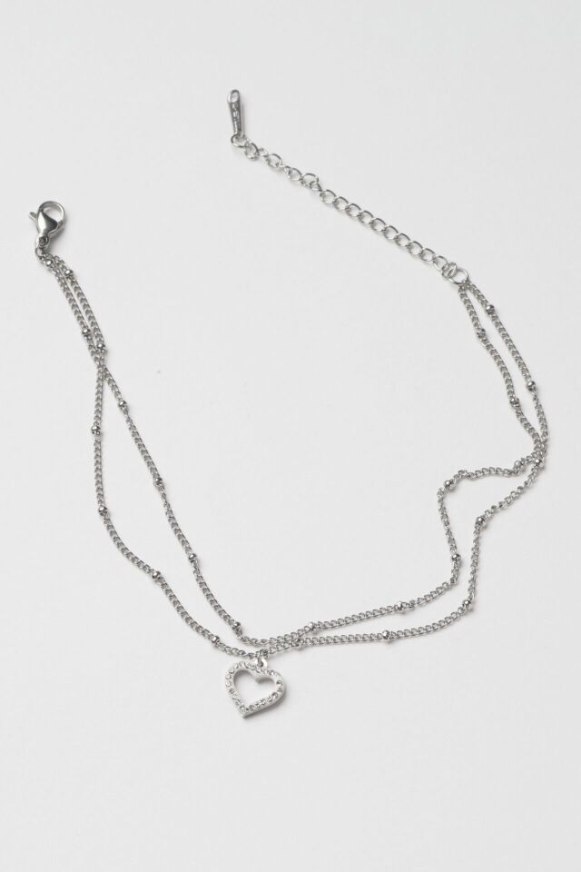 Neesa Çelik Çoklu Zincir Zirkon Taşlı Kalp  Halhal Silver