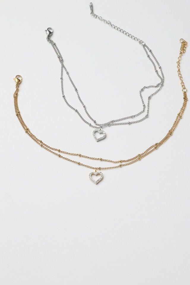 Neesa Çelik Çoklu Zincir Zirkon Taşlı Kalp  Halhal Silver