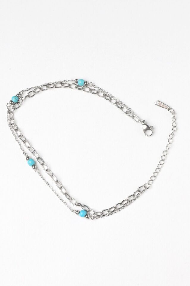 Neesa Çelik Çift Zincir Mavi Mineli HalhalSilver