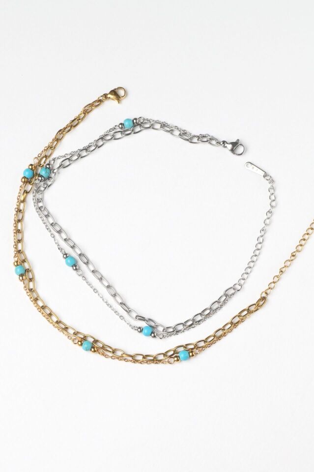 Neesa Çelik Çift Zincir Mavi Mineli HalhalSilver