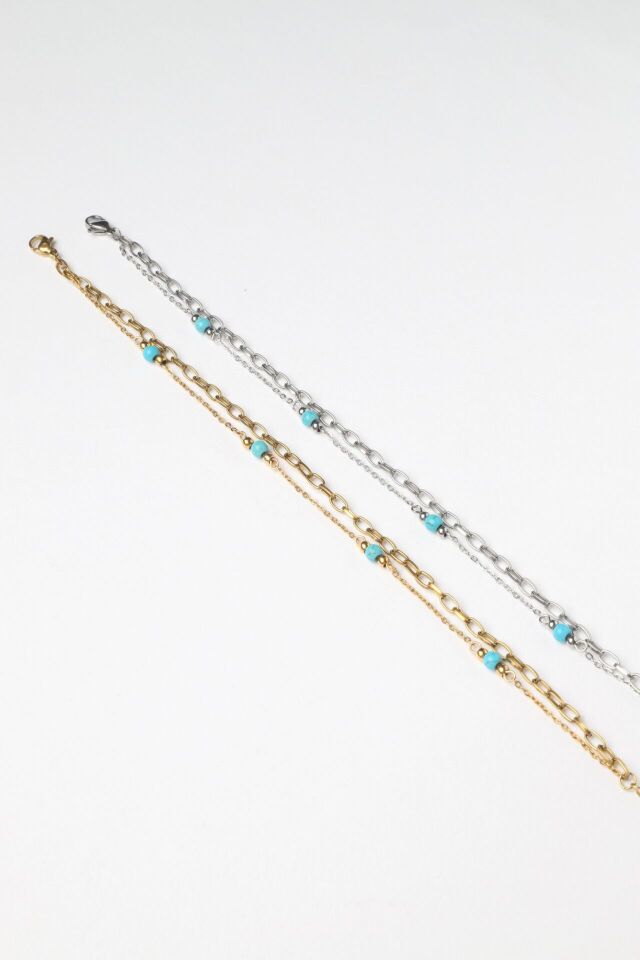 Neesa Çelik Çift Zincir Mavi Mineli HalhalSilver