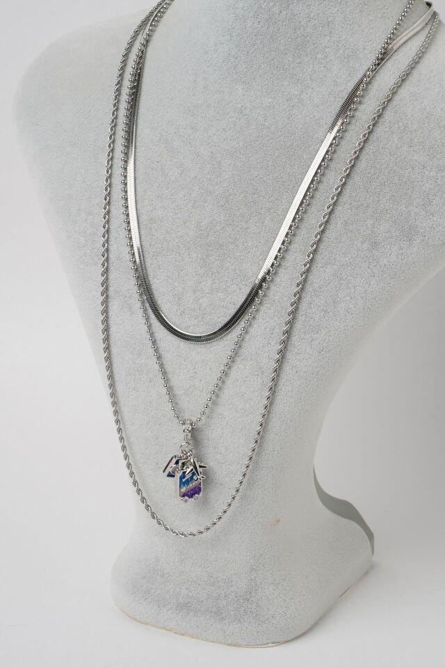 Neesa 3'lü Seyahat Çelik Çoklu Kombin Kolye 45-55-65 cmSilver