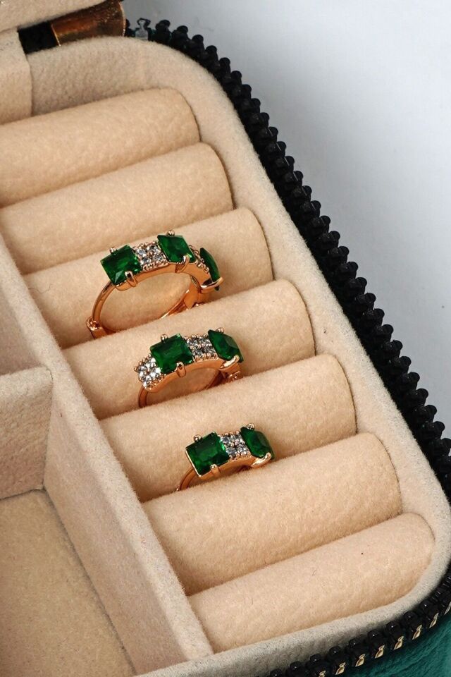 Neesa VIP 3'lü Halka Set Zirkon Taşlı Gold Küpe Yeşil