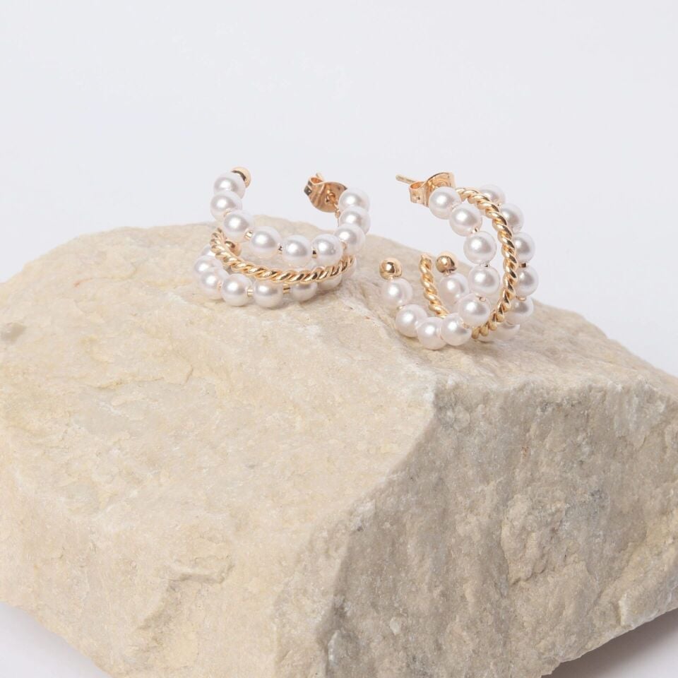 GOLD DETAY ÇİFT SIRA İNCİ KÜPE